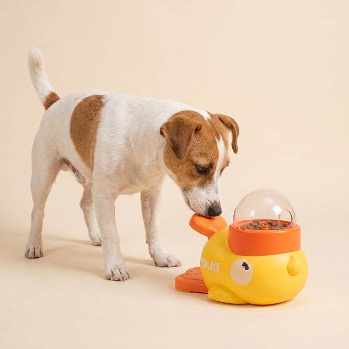 Dog solving the duck treat puzzle