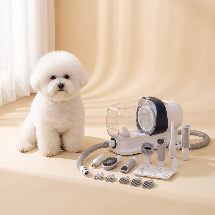 Freshly groomed bichon beside the Grooming Vacuum Kit