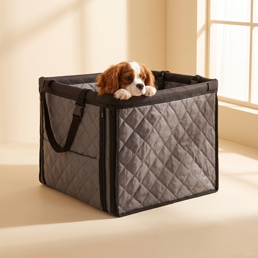 Cavalier puppy sitting in the car boot seat mat